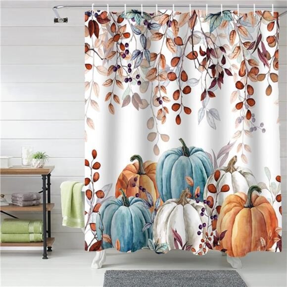 Thanksgiving Shower Curtain, Watercolor Pumpkins & Eucalyptus, 72x72 in w/ Hooks - Picture 6 of 7